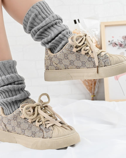 Дамски спортни обувки, изработени от еко-велур кожа, с кристали, D1395, каки