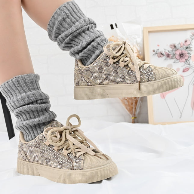 Pantofi Sport De dama,Din piele ecologica intoarsa,Cu Strasuri,D1395,Kaki