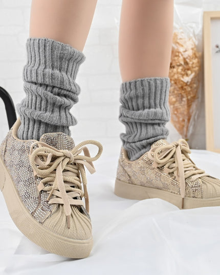 Дамски спортни обувки, изработени от еко-велур кожа, с кристали, D1395, каки