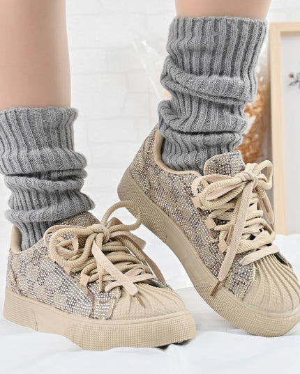 Дамски спортни обувки, изработени от еко-велур кожа, с кристали, D1395, каки