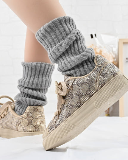 Дамски спортни обувки, изработени от еко-велур кожа, с кристали, D1395, каки