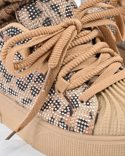 Дамски спортни обувки, изработени от еко-велур кожа, с кристали, D1395, леопард