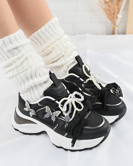 Pantofi sport De dama,cu inseretii din plasa,cu Funda din perle,D1400,Negru