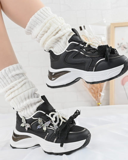 Pantofi sport De dama,cu inseretii din plasa,cu Funda din perle,D1400,Negru