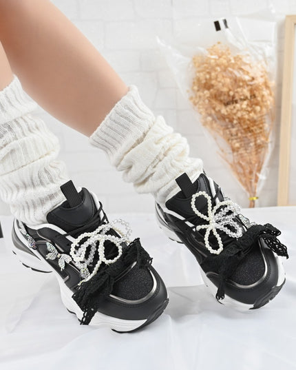 Pantofi sport De dama,cu inseretii din plasa,cu Funda din perle,D1400,Negru