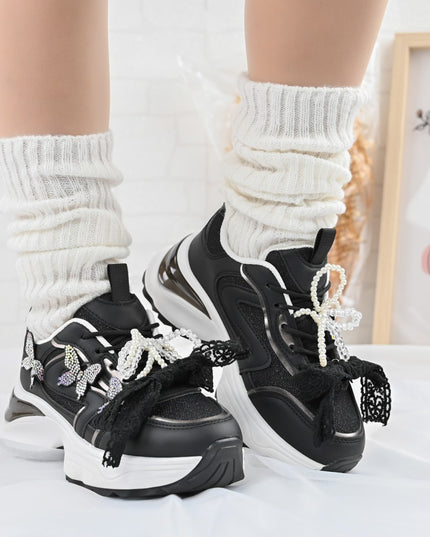 Pantofi sport De dama,cu inseretii din plasa,cu Funda din perle,D1400,Negru