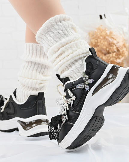 Pantofi sport De dama,cu inseretii din plasa,cu Funda din perle,D1400,Negru