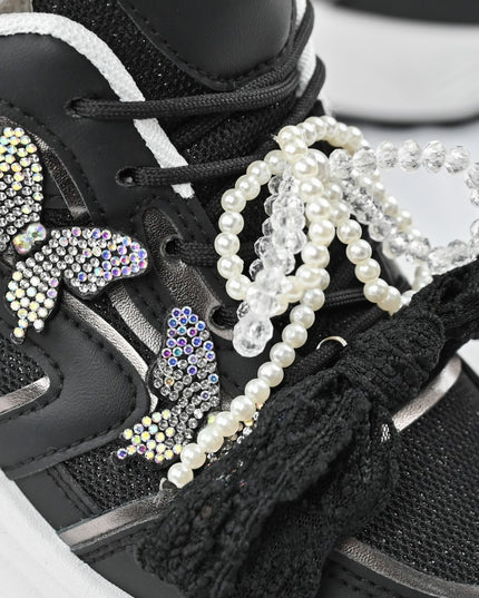 Pantofi sport De dama,cu inseretii din plasa,cu Funda din perle,D1400,Negru