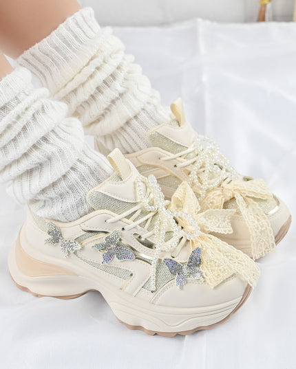 Pantofi sport De dama,cu inseretii din plasa,cu Funda din perle,D1400,Bej