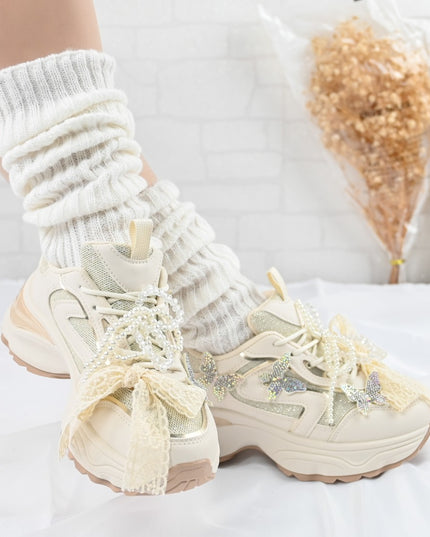 Pantofi sport De dama,cu inseretii din plasa,cu Funda din perle,D1400,Bej