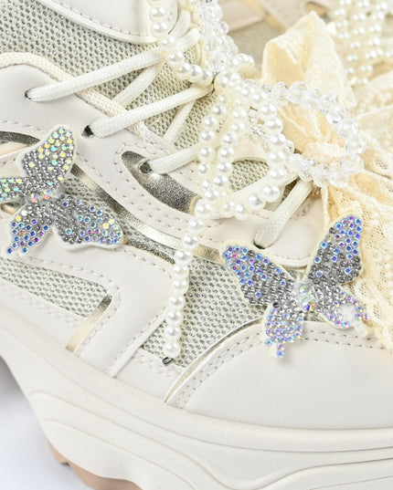 Pantofi sport De dama,cu inseretii din plasa,cu Funda din perle,D1400,Bej