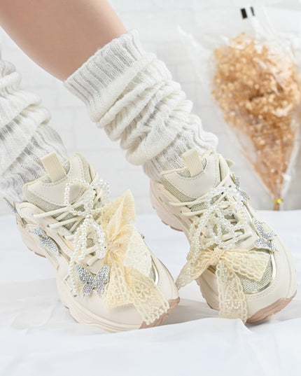 Pantofi sport De dama,cu inseretii din plasa,cu Funda din perle,D1400,Bej
