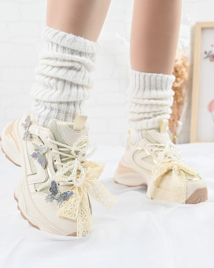 Pantofi sport De dama,cu inseretii din plasa,cu Funda din perle,D1400,Bej