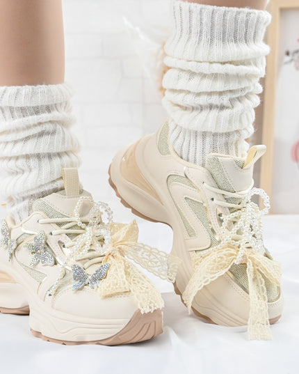 Pantofi sport De dama,cu inseretii din plasa,cu Funda din perle,D1400,Bej