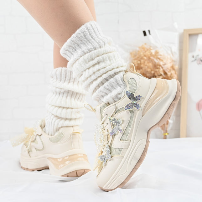 Pantofi sport De dama,cu inseretii din plasa,cu Funda din perle,D1400,Bej