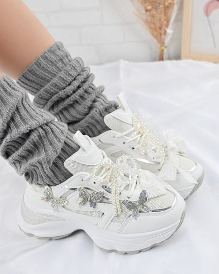 Pantofi sport De dama,cu inseretii din plasa,cu Funda din perle,D1400,Alb