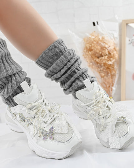 Pantofi sport De dama,cu inseretii din plasa,cu Funda din perle,D1400,Alb