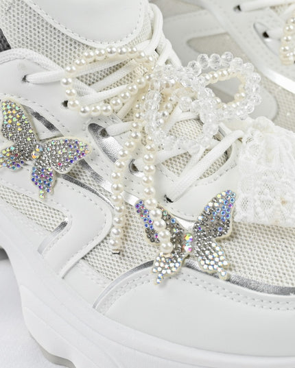 Pantofi sport De dama,cu inseretii din plasa,cu Funda din perle,D1400,Alb