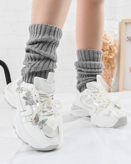 Pantofi sport De dama,cu inseretii din plasa,cu Funda din perle,D1400,Alb