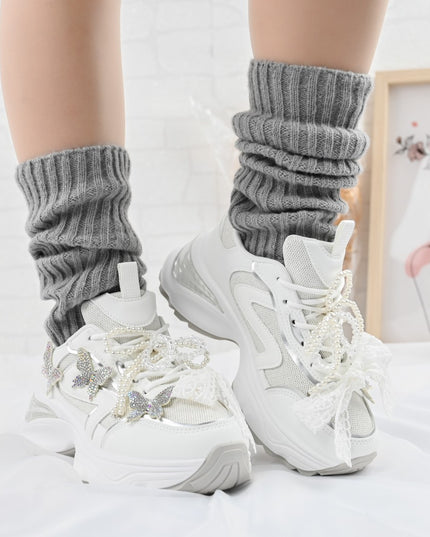 Pantofi sport De dama,cu inseretii din plasa,cu Funda din perle,D1400,Alb