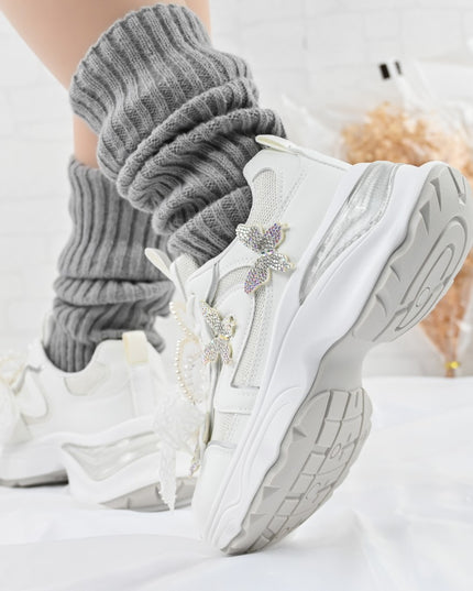 Pantofi sport De dama,cu inseretii din plasa,cu Funda din perle,D1400,Alb