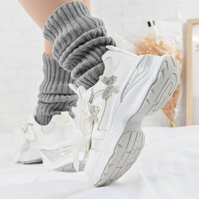 Pantofi sport De dama,cu inseretii din plasa,cu Funda din perle,D1400,Alb