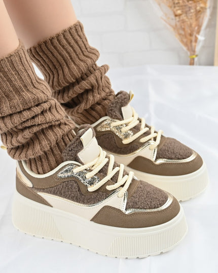 Дамски спортни обувки, с платформа, изработени от еко-велур, D1409, каки