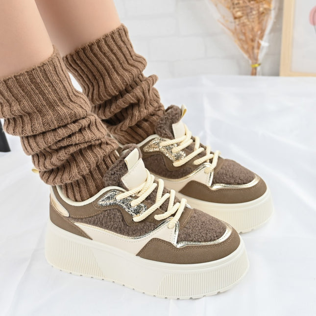 Pantofi Sport De Dama cu Platforma, din piele ecologica intoarsa, D1409 - Kaki