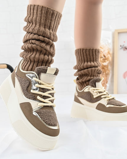 Дамски спортни обувки, с платформа, изработени от еко-велур, D1409, каки