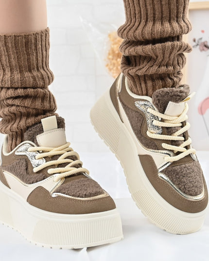 Дамски спортни обувки, с платформа, изработени от еко-велур, D1409, каки