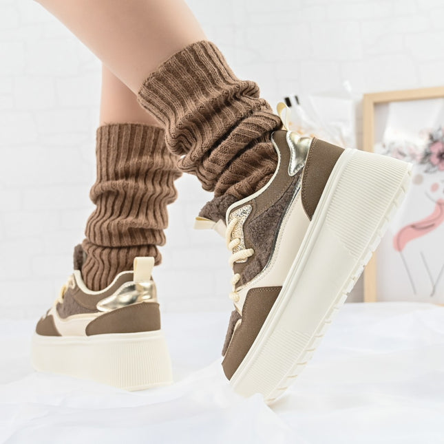 Pantofi Sport De Dama,Cu Platforma,Din piele ecologica intoarsa,D1409,Kaki