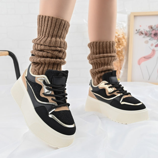 Pantofi Sport De Dama cu Platforma, din piele ecologica intoarsa, D1409 - Negru