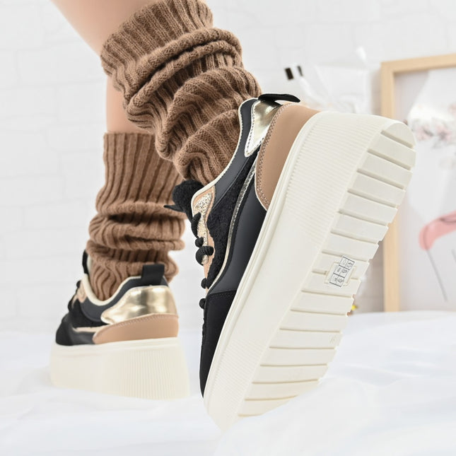 Pantofi Sport De Dama,Cu Platforma,Din piele ecologica intoarsa,D1409,Negru