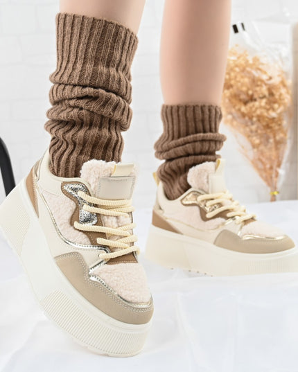 Pantofi Sport De Dama,Cu Platforma,Din piele ecologica intoarsa,D1409,Bej