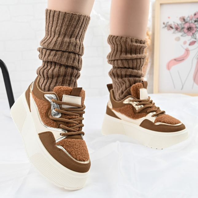 Pantofi Sport De Dama cu Platforma, din piele ecologica intoarsa, D1409 - Maro