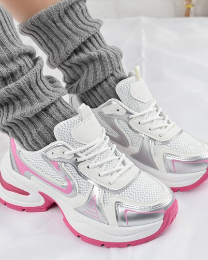 Дамски спортни обувки, с мрежести вложки, D1407, Розово с бяло