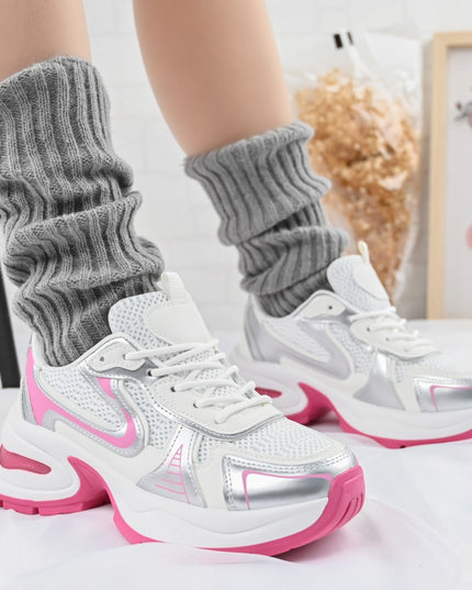 Дамски спортни обувки, с мрежести вложки, D1407, Розово с бяло