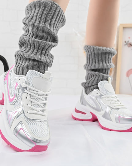 Дамски спортни обувки, с мрежести вложки, D1407, Розово с бяло