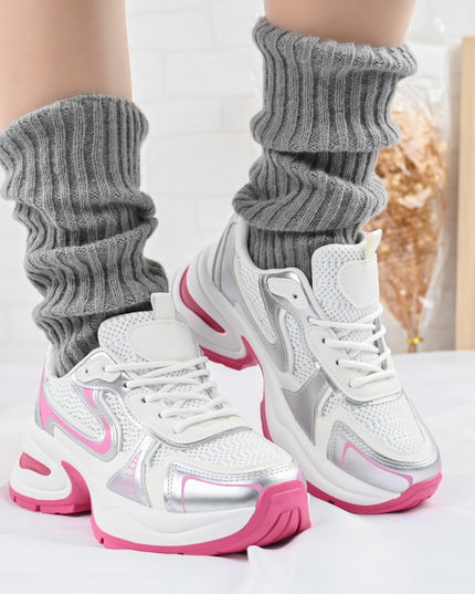 Дамски спортни обувки, с мрежести вложки, D1407, Розово с бяло