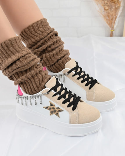 Pantofi Sport De Dama,Din piele Ecologica,Cu lant decorativ,D1357,Alb cu Leopard