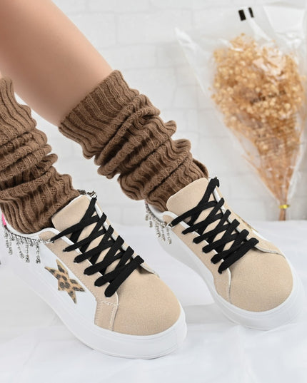 Pantofi Sport De Dama,Din piele Ecologica,Cu lant decorativ,D1357,Alb cu Leopard