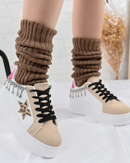 Pantofi Sport De Dama,Din piele Ecologica,Cu lant decorativ,D1357,Alb cu Leopard