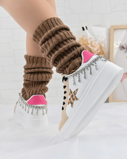 Pantofi Sport De Dama,Din piele Ecologica,Cu lant decorativ,D1357,Alb cu Leopard