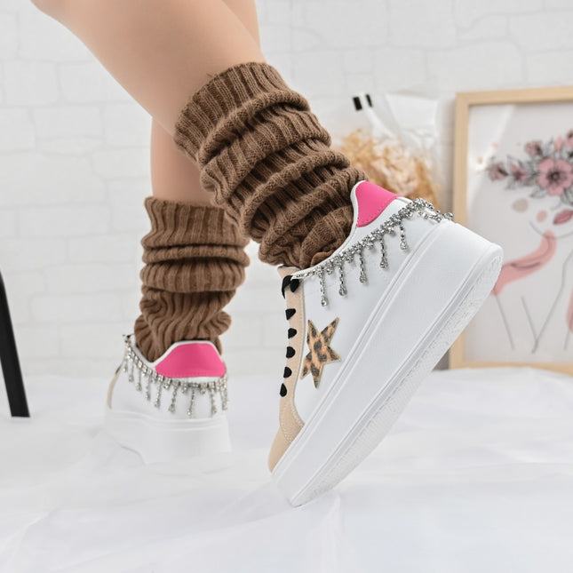 Дамски спортни обувки, изработени от екологична кожа, с декоративна верижка, D1357, бели с леопард