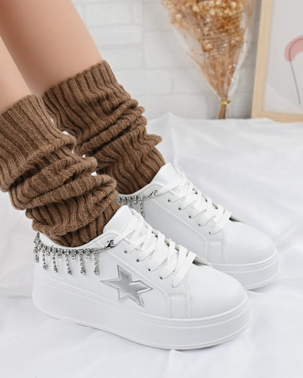 Pantofi Sport De Dama,Din piele Ecologica,Cu lant decorativ,D1357,Alb