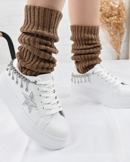 Pantofi Sport De Dama,Din piele Ecologica,Cu lant decorativ,D1357,Alb