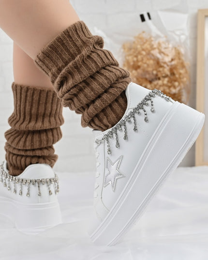 Pantofi Sport De Dama,Din piele Ecologica,Cu lant decorativ,D1357,Alb