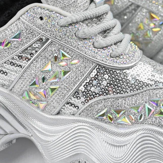 Дамски спортни обувки, изработени от екокожа, с камъни, D1364, сребрист