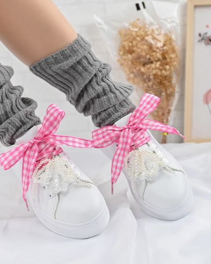 Дамски спортни обувки, изработени от екокожа, с перлена панделка, D1376, бели с розово