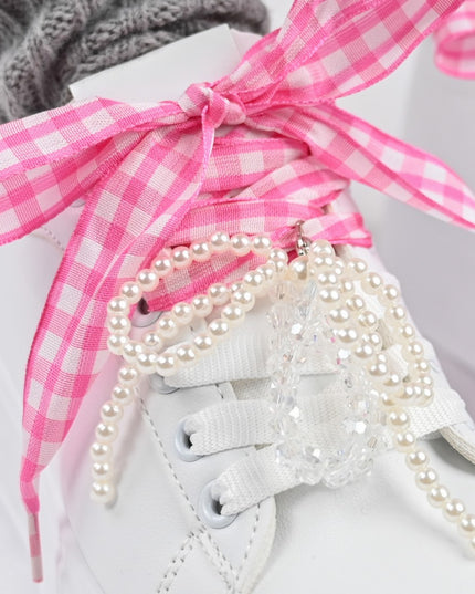 Дамски спортни обувки, изработени от екокожа, с перлена панделка, D1376, бели с розово